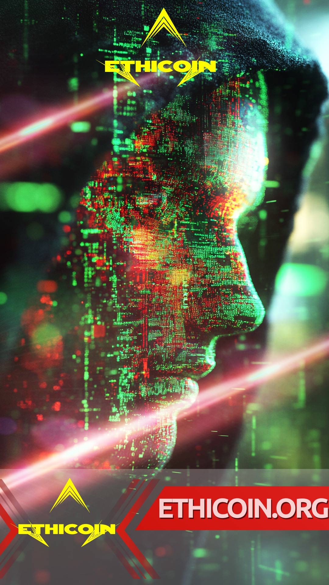 Conceptual image of Satoshi Nakamoto with binary code overlay, symbolizing Bitcoin's origins and mystery.